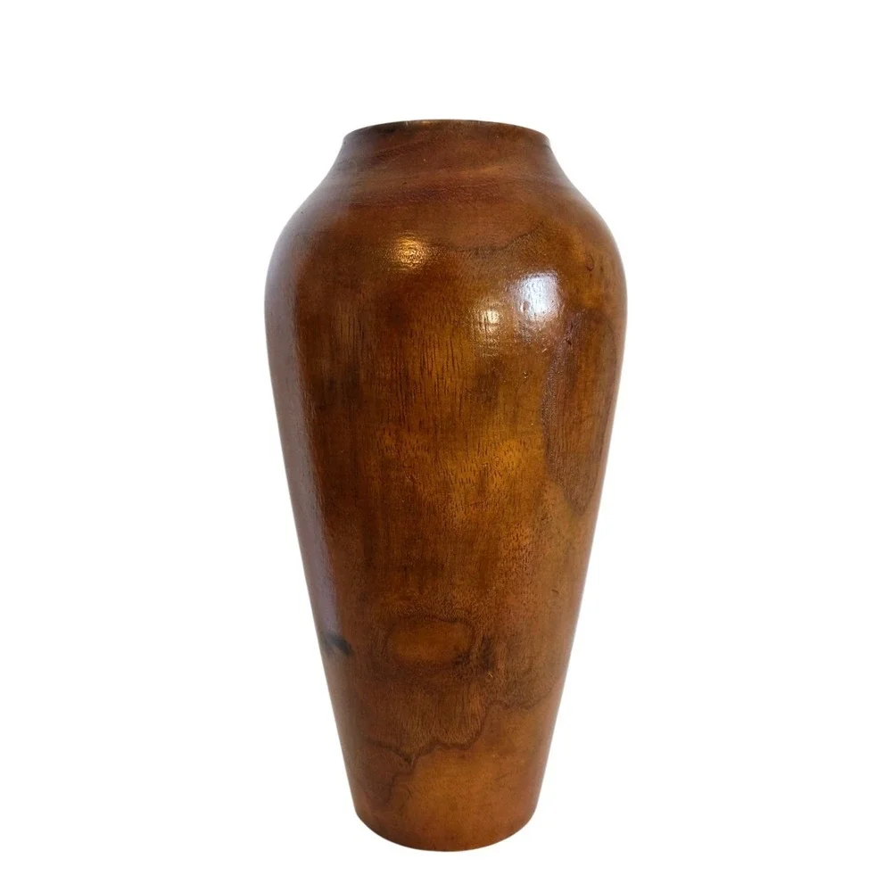 Vintage Hand Turned Wooden Tapered Rustic Vase‎ Wood Grain Pegged Bottom 10